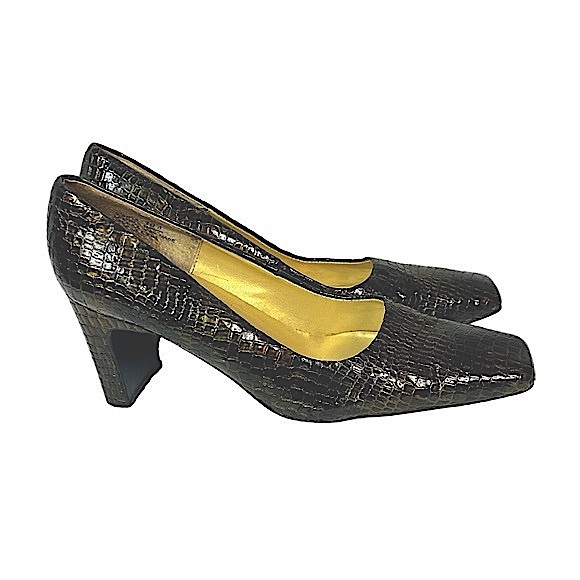 Bellini Marta Square Toe Heels Embossed Croc Patent Leather Brown Green size 11 - Picture 16 of 16